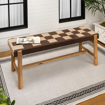 Denis 48" 2-Seat Backless 700-Lbs Support Acacia Wood Outdoor Bench With Checkerboard Woven Rope Seat